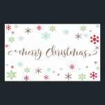 Snowflake Whimsy Merry Christmas Brown Typography Rectangular Sticker<br><div class="desc">Send your Christmas greetings with style! Using a fresh, modern palette with a retro vibe, this whimsical design was created for those who enjoy trends but appreciate a unique flavour. The words "Merry Christmas" are rendered in a swirling calligraphy font, in brown. Around the words are snowflakes in bright red,...</div>