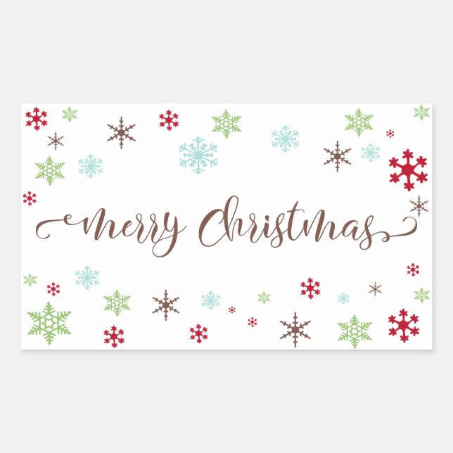 Snowflake Whimsy Merry Christmas Brown Typography Rectangular Sticker (Front)