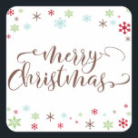Snowflake Whimsy Merry Christmas, Brown Typography Square Sticker<br><div class="desc">Send your Christmas greetings with style! Using a fresh, modern palette with a retro vibe, this whimsical design was created for those who enjoy trends but appreciate a unique flavour. The words "Merry Christmas" are rendered in a swirling calligraphy font, in warm brown. Around the words are snowflakes in robin's...</div>