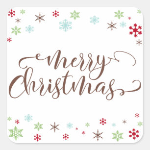 Snowflake Whimsy Merry Christmas, Brown Typography Square Sticker