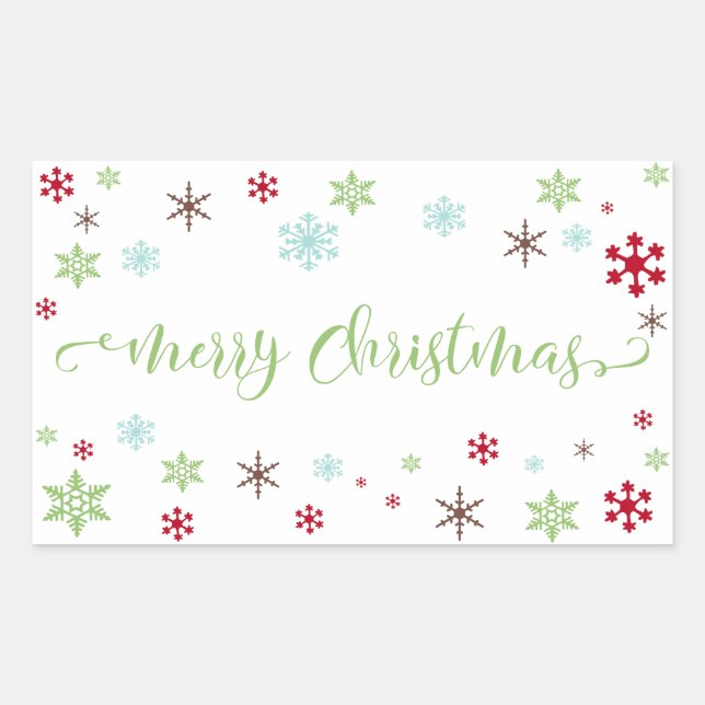 Snowflake Whimsy Merry Christmas Green Typography Rectangular Sticker (Front)
