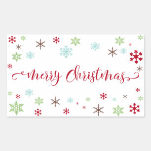 Snowflake Whimsy Merry Christmas Red Typography Rectangular Sticker