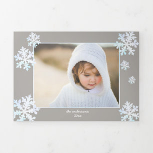 Snowflake White Opal Elegant Christmas 5 Photo Tri-Fold Holiday Card