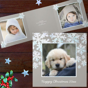 Snowflake White Opal Happy Christmas 4 Photo Tri-Fold Holiday Card