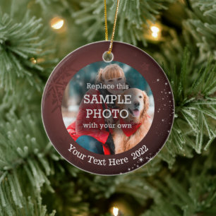 Snowflake White Stars 2 Photo Burgundy Custom Text Ceramic Tree Decoration
