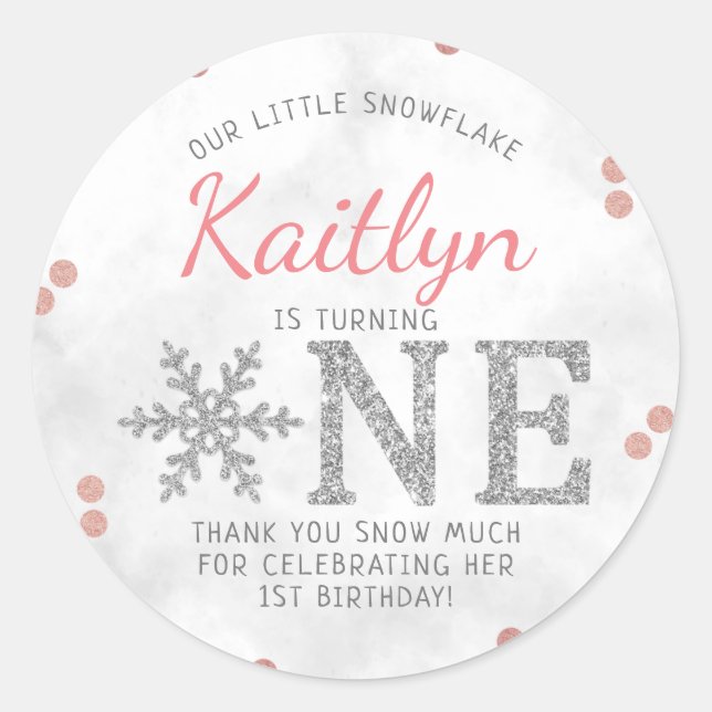 Snowflake Winter 1st Birthday Classic Round Sticker (Front)