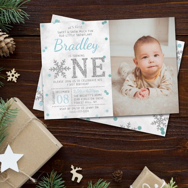 Snowflake Winter 1st Birthday Photo Invitation (Creator Uploaded)