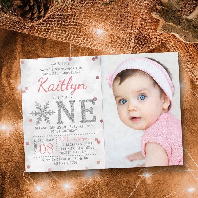 Snowflake Winter 1st Birthday Photo Invitation (Creator Uploaded)