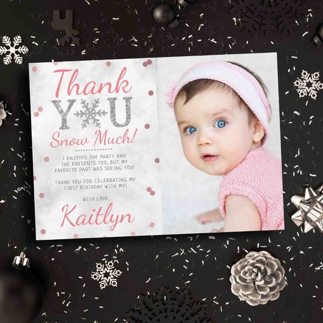 Snowflake Winter 1st Birthday Photo Thank You Card (Creator Uploaded)