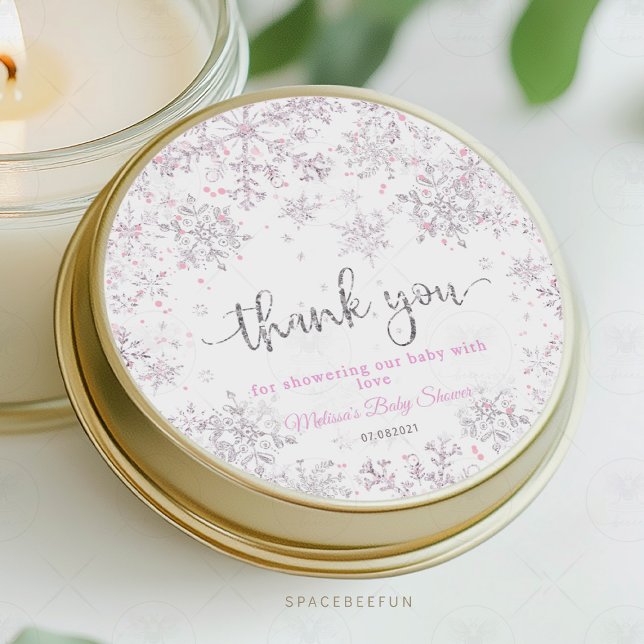 Snowflake Winter Baby shower  Classic Round Sticker (snowflake baby shower,sticker thank you,invitation,winter baby shower,baby shower,snowflake theme,wi)