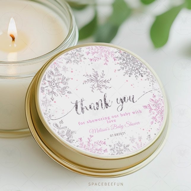 Snowflake Winter Baby shower Girl  Classic Round Sticker (Snowflake round sticker, winter baby shower sticker, girl baby shower sticker, snowflake theme stick)