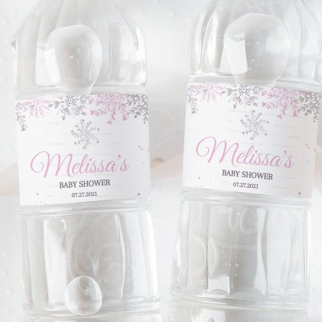 Snowflake Winter Baby shower Girl  Water Bottle Label (Snowflake water bottle label, winter baby shower label, girl baby shower label, snowflake theme labe)
