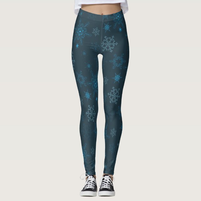 Snowflake winter blue seamless pattern leggings (Front)
