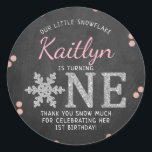 Snowflake Winter Chalkboard 1st Birthday Classic Round Sticker<br><div class="desc">Celebrate in style with these trendy 1st birthday party thank you stickers. The design is easy to personalise with your own wording and your family and friends will be thrilled when they see these fabulous stickers.</div>
