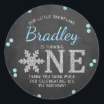Snowflake Winter Chalkboard 1st Birthday Classic Round Sticker<br><div class="desc">Celebrate in style with these trendy 1st birthday party thank you stickers. The design is easy to personalise with your own wording and your family and friends will be thrilled when they see these fabulous stickers.</div>