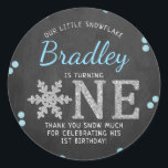 Snowflake Winter Chalkboard 1st Birthday Classic Round Sticker<br><div class="desc">Celebrate in style with these trendy 1st birthday party thank you stickers. The design is easy to personalise with your own wording and your family and friends will be thrilled when they see these fabulous stickers.</div>