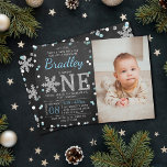 Snowflake Winter Chalkboard 1st Birthday Photo Invitation<br><div class="desc">Celebrate in style with these trendy 1st birthday invitations. This design is easy to personalise with your special event wording and your guests will be thrilled when they receive these fabulous invites.</div>