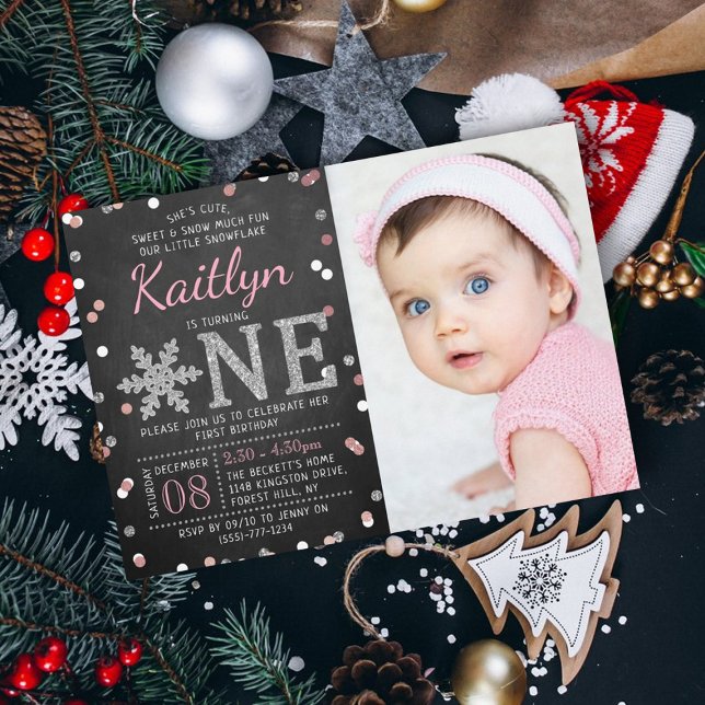 Snowflake Winter Chalkboard 1st Birthday Photo Invitation (Creator Uploaded)