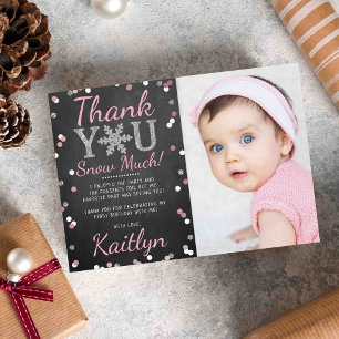 Snowflake Winter Chalkboard 1st Birthday Photo Thank You Card