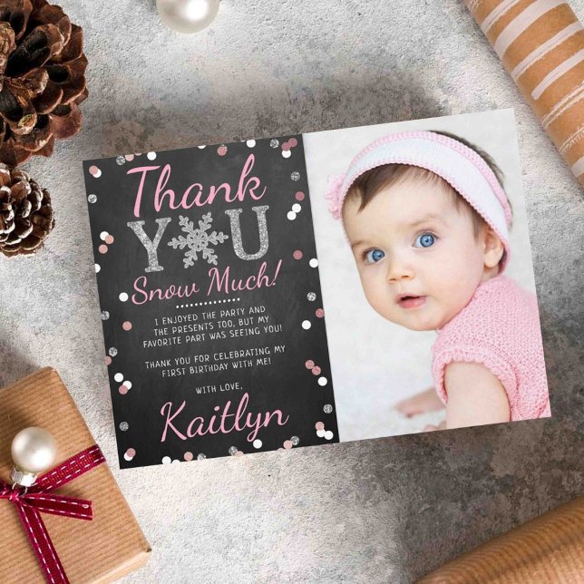 Snowflake Winter Chalkboard 1st Birthday Photo Thank You Card (Creator Uploaded)