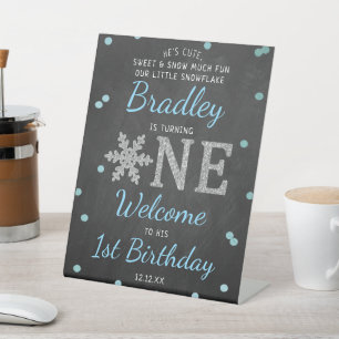 Snowflake Winter Chalkboard 1st Birthday Welcome Pedestal Sign