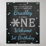Snowflake Winter Chalkboard 1st Birthday Welcome Poster<br><div class="desc">Celebrate in style with this trendy birthday 1st welcome sign. The design is easy to personalise with your own wording and your family and friends will be thrilled when they see this fabulous party sign. Matching party items can be found in the collection.</div>