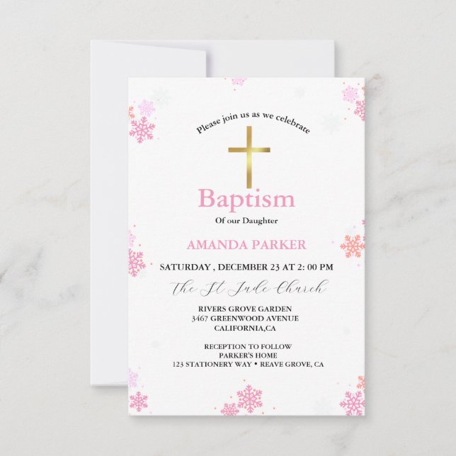  Snowflake Winter Cross Baptism Invitation (Front)