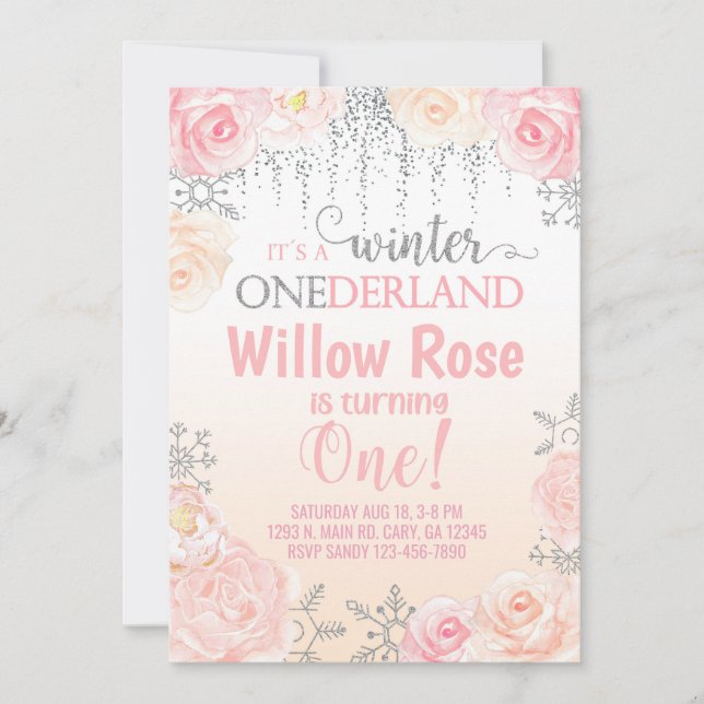 Snowflake winter girl 1st first birthday invite. i invitation (Front)