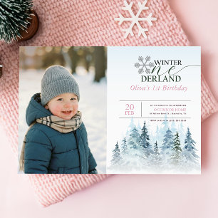 Snowflake Winter Onederland 1st Birthday Kid Photo Invitation