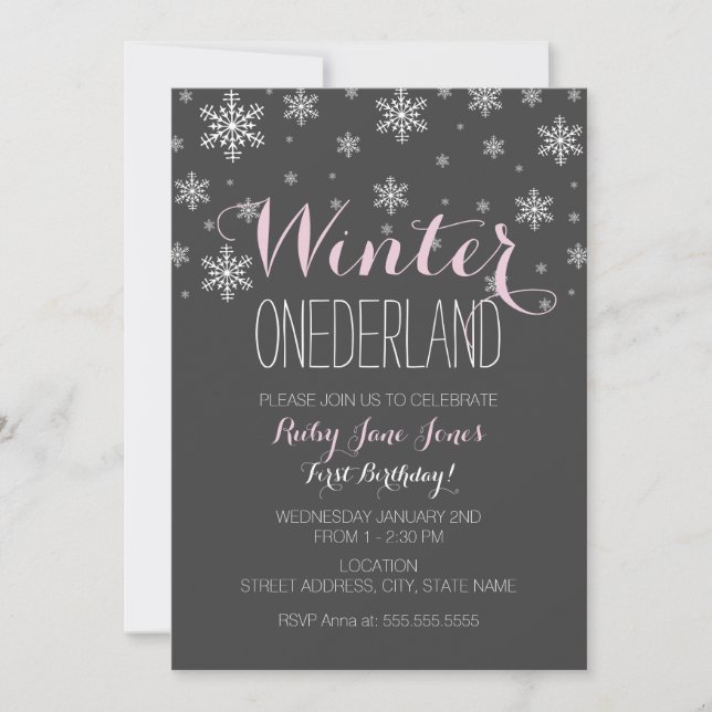 Snowflake Winter Onederland First Birthday Pink Invitation (Front)