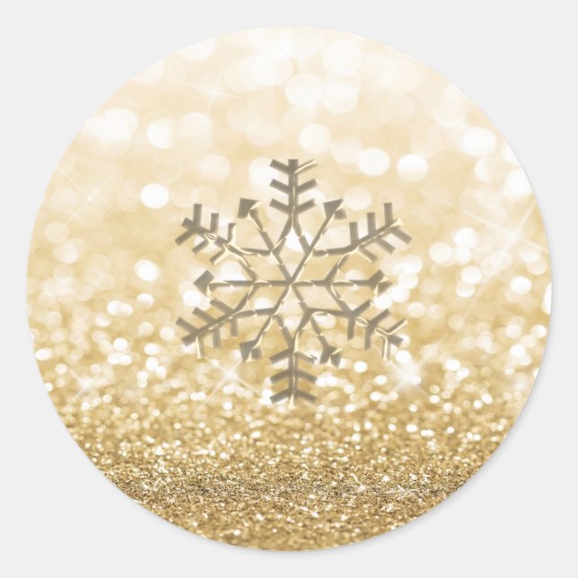 Snowflake winter Romantic Glittery sparkle gold Classic Round Sticker (Front)