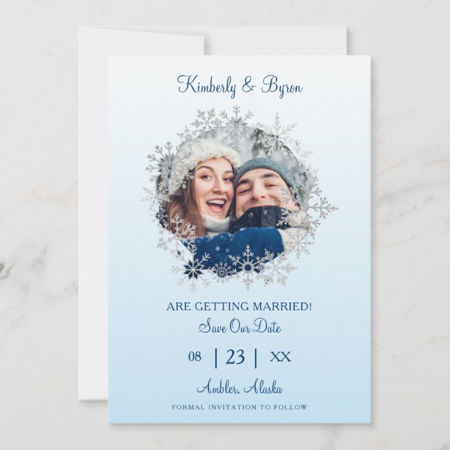 Snowflake Winter Themed for Wedding Romantic Photo Save The Date (Front)