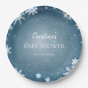 Snowflake Winter Wonderland Baby Shower Blue Paper Plate
