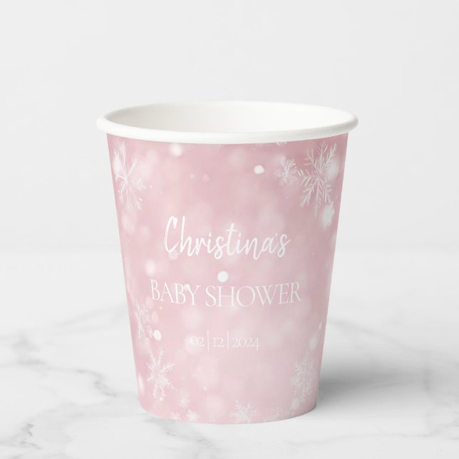 Snowflake Winter Wonderland Baby Shower Pink Paper Cups (Front)