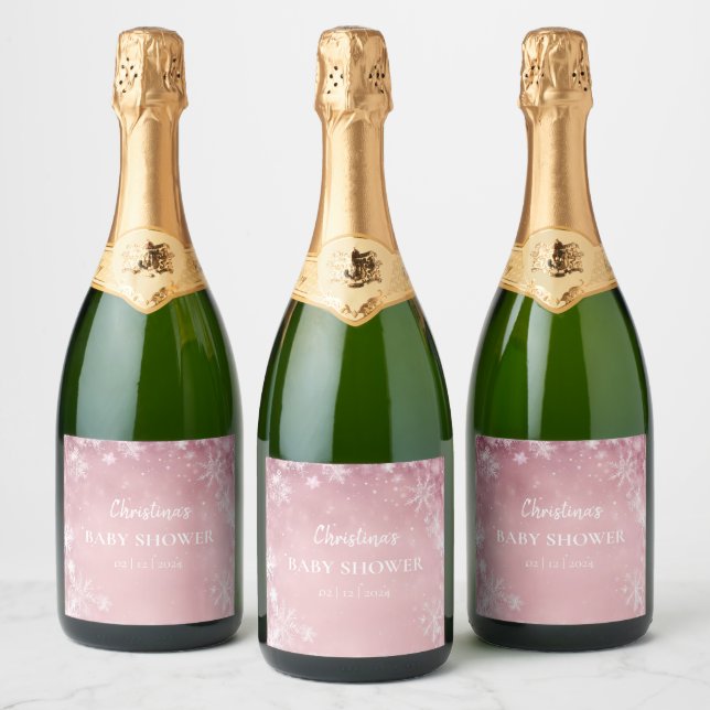 Snowflake Winter Wonderland Baby Shower Pink Sparkling Wine Label (Bottles)