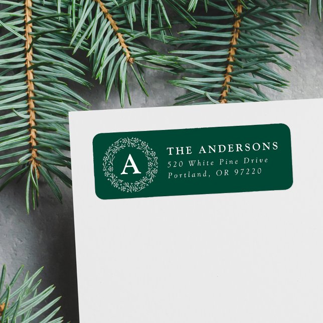 Snowflake Wreath Monogram Green Return Address (Creator Uploaded)
