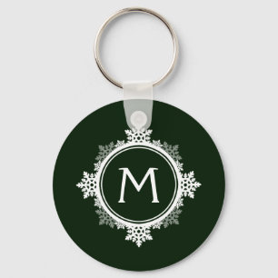 Snowflake Wreath Monogram in Dark Green & White Key Ring