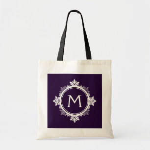 Snowflake Wreath Monogram in Dark Purple & White Tote Bag