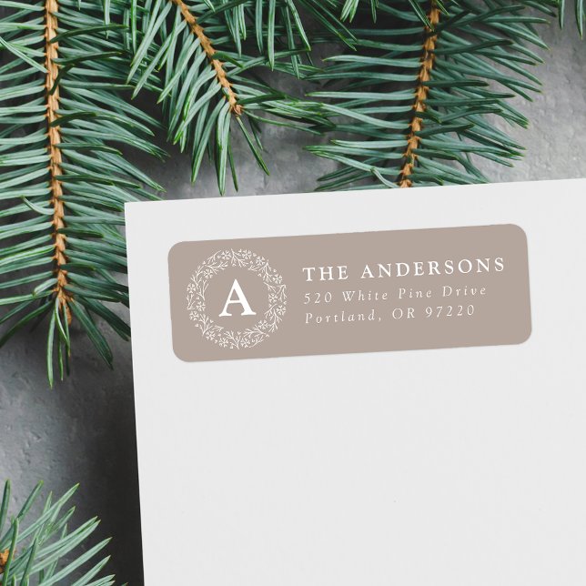 Snowflake Wreath Monogram Mocha Return Address (Creator Uploaded)