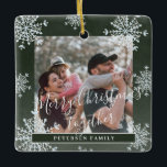 Snowflakes 2 family photo personalised green ceramic ornament<br><div class="desc">Rustic elegant winter dark hunter green and white plaid family keepsake tree ornament template with sparkling snowflakes frame.                       Easy to personalise with your 2 photos,  text script,  family name and year!</div>