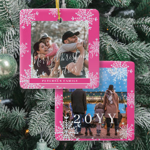 Snowflakes 2 family photo personalised pink white ceramic ornament