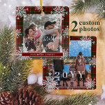 Snowflakes 2 family photo personalised red tartan ceramic ornament<br><div class="desc">Rustic elegant winter red and green plaid family keepsake tree ornament template with sparkling snowflakes frame.                       Easy to personalise with your 2 photos,  text script,  family name and year!</div>