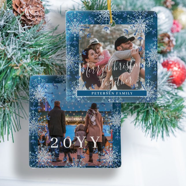 Snowflakes 2 family photo personalized blue white ceramic ornament (Creator Uploaded)