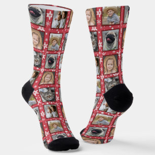 Snowflakes 5 Custom Family Photo Collage Red Easy Socks