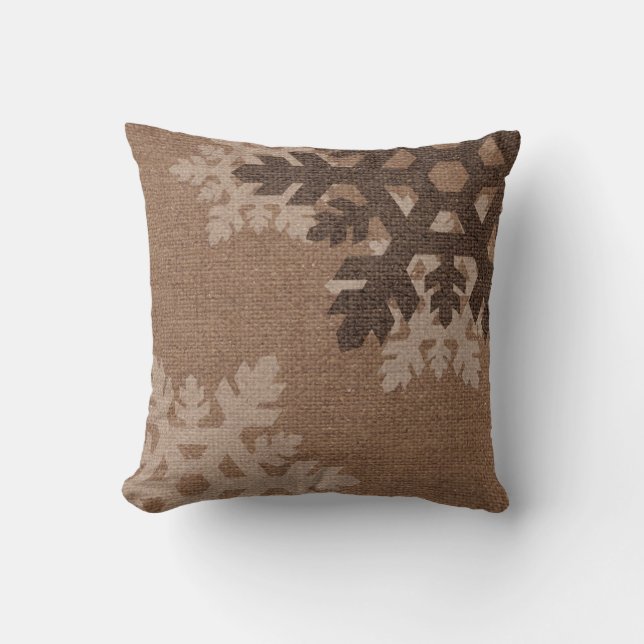 Snowflakes against Rustic Faux Burlap Holiday Chic Cushion (Front)