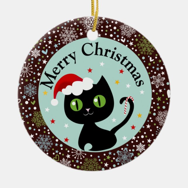 Snowflakes and Black Kitty Christmas Ornament (Front)