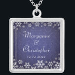 Snowflakes and Blue Damask Silver Plated Necklace<br><div class="desc">An elegant wedding design for a winter wedding or Christmas wedding featuring snowflakes on a blue coloured background with a subtle damask pattern. Customise the text for your own special day. This coordinates with the Snowflakes and Blue Damask Wedding Collection and is available in a range of colours. Please contact...</div>