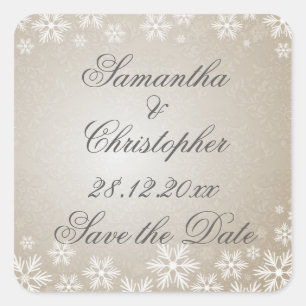 Snowflakes and Damask Save the Date Square Sticker
