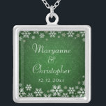 Snowflakes and Green Damask Silver Plated Necklace<br><div class="desc">An elegant wedding design for a winter wedding or Christmas wedding featuring snowflakes on a green coloured background with a subtle damask pattern. Customise the text for your own special day. This coordinates with the Snowflakes and Green Damask Wedding Collection and is available in a range of colours. Please contact...</div>