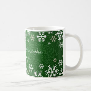 Snowflakes and Green Damask Wedding Coffee Mug